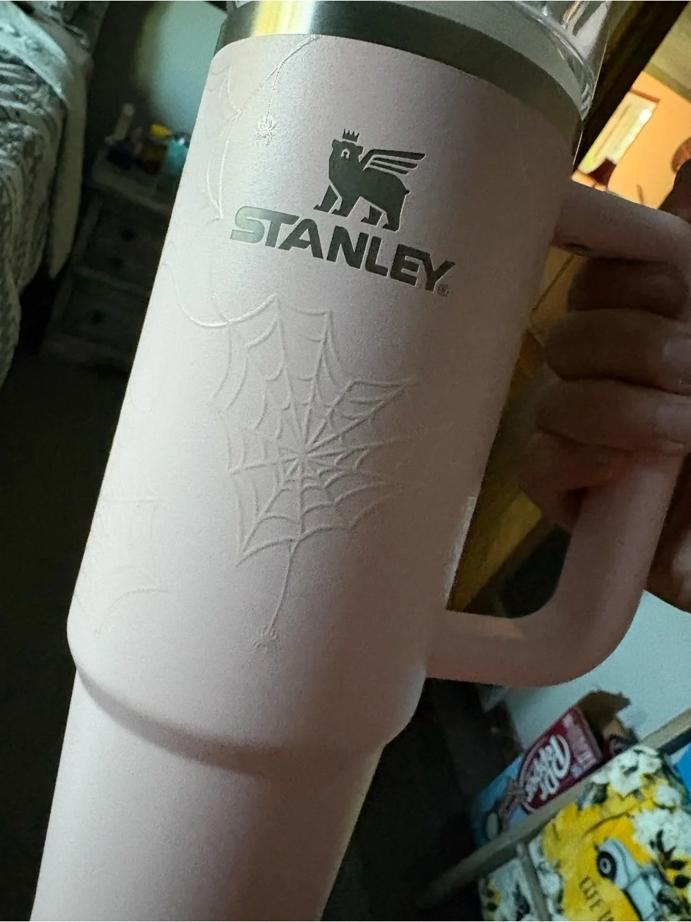 Stanley Light Pink Insulated Travel Mug with Handle. Glow in the dark